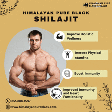 an ad for himalayan pure black shilajit shows a muscular man