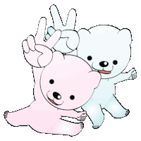 two teddy bears one pink and one white are giving a peace sign