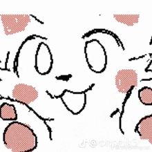 a black and white drawing of a cat 's face with a red nose