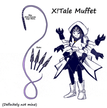 a black and white drawing of a character named xtale muffet