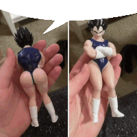 a person is holding a figurine of vegeta in a bathing suit and boots