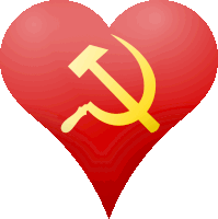 a red heart with a yellow hammer and sickle symbol on it