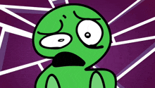 a green cartoon character with a purple background