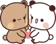 two teddy bears are kissing each other on the cheek .