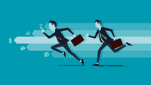 a cartoon illustration of two men running with briefcases and a dollar sign in the background