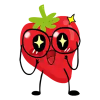 a cartoon illustration of a strawberry with glasses and arms