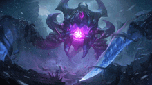 a purple monster with horns is surrounded by ice and rocks