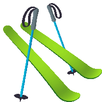 a pair of green skis with blue poles crossed over each other