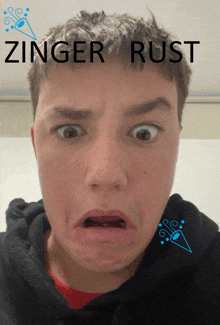 a young man making a funny face with the words zinger rust above his head