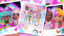 a group of dolls are standing next to each other with a rainbow in the background