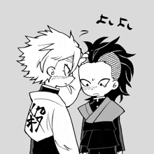 a black and white drawing of two anime characters touching each other 's foreheads .