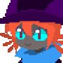 a pixel art drawing of a cat wearing a purple hat and a blue scarf .