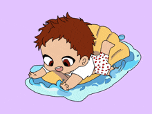 a cartoon drawing of a child laying on a raft