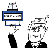 a black and white drawing of a man holding a sign that says horse alarm