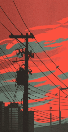 a painting of telephone poles with birds flying in the sky