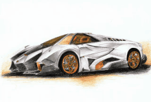 a drawing of a white sports car with gold wheels and a license plate that says ' orion ' on it