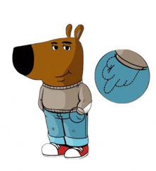 a cartoon character wearing a sweater and jeans is standing next to a blue ball