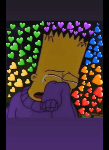 a cartoon of bart simpson crying with hearts around him