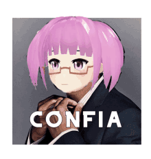 a picture of a girl with pink hair and the word confia underneath her