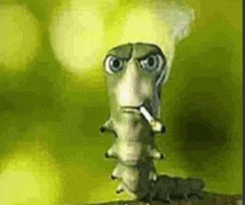 a cartoon caterpillar is smoking a cigarette in a green background .