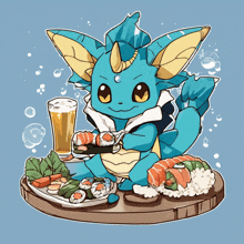 a cartoon drawing of a pokemon eating sushi