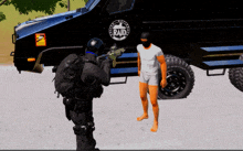 a man in underwear is standing in front of a raid vehicle