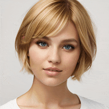 a woman with short blonde hair has blue eyes