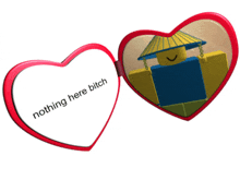 a heart shaped mirror with a picture of a roblox character and the words " nothing here bitch "