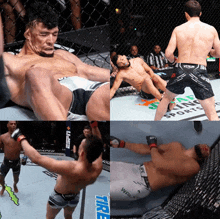 a collage of four pictures of a fighter wearing shorts with the word venum on them