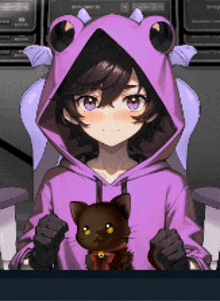 a girl is wearing a frog hoodie and holding a black cat