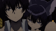 a boy and a girl with purple eyes are looking at the camera