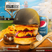 a buffalo joe advertisement shows a hamburger and a pepsi can