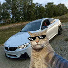 a cat wearing sunglasses is taking a selfie in front of a bmw