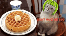 a cat wearing a green helmet sits next to a plate of waffles and yogurt