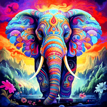 a colorful painting of a colorful elephant with a river in the background