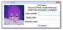 a totally not malware window with purple haired anime girl