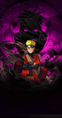 naruto is standing in front of a purple background with a shadow of a person behind him .