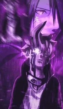 a purple and black drawing of a man with horns and a glowing eye .