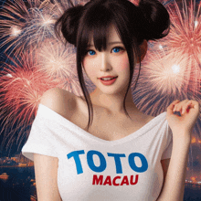 a woman is wearing a toto macau shirt