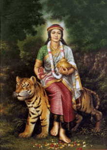 a painting of a woman sitting on a tiger holding a vase