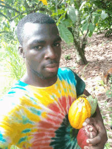 a man wearing a tie dye shirt is holding two fruits in his hands