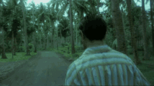 a man in a striped shirt walks down a dirt road