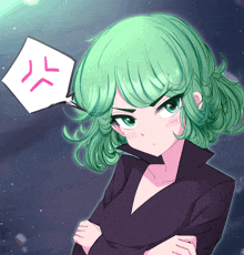 a drawing of a girl with green hair and a speech bubble that says ' angry ' on it