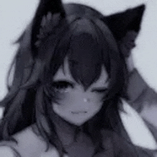 a black and white anime girl with cat ears and a flower in her hair .