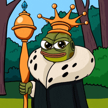 a cartoon of a frog wearing a crown and holding a scepter