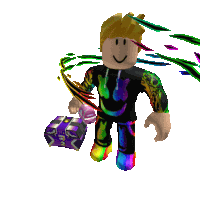 a roblox character is holding a purple box that says ' i 'm sorry ' on it