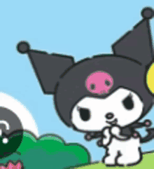 a cartoon of a cat with a pink skull on its head standing next to a sheep .