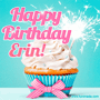 a cupcake with white frosting and a pink bow says " happy birthday erin "