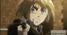 a cartoon character is pointing a gun at the camera with a surprised look on his face