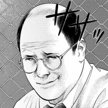 a black and white drawing of a bald man wearing glasses and a tie with a fence in the background .